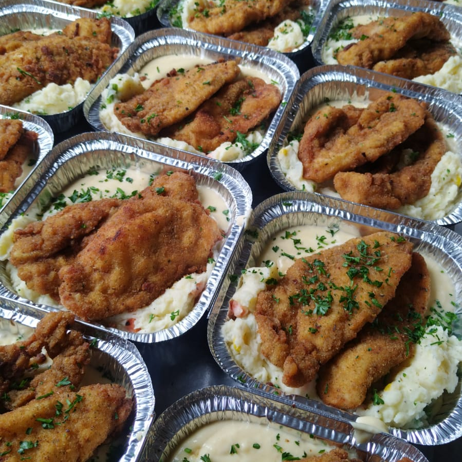 Chicken Schnitzel with Veggie Mash & Cheese Sauce